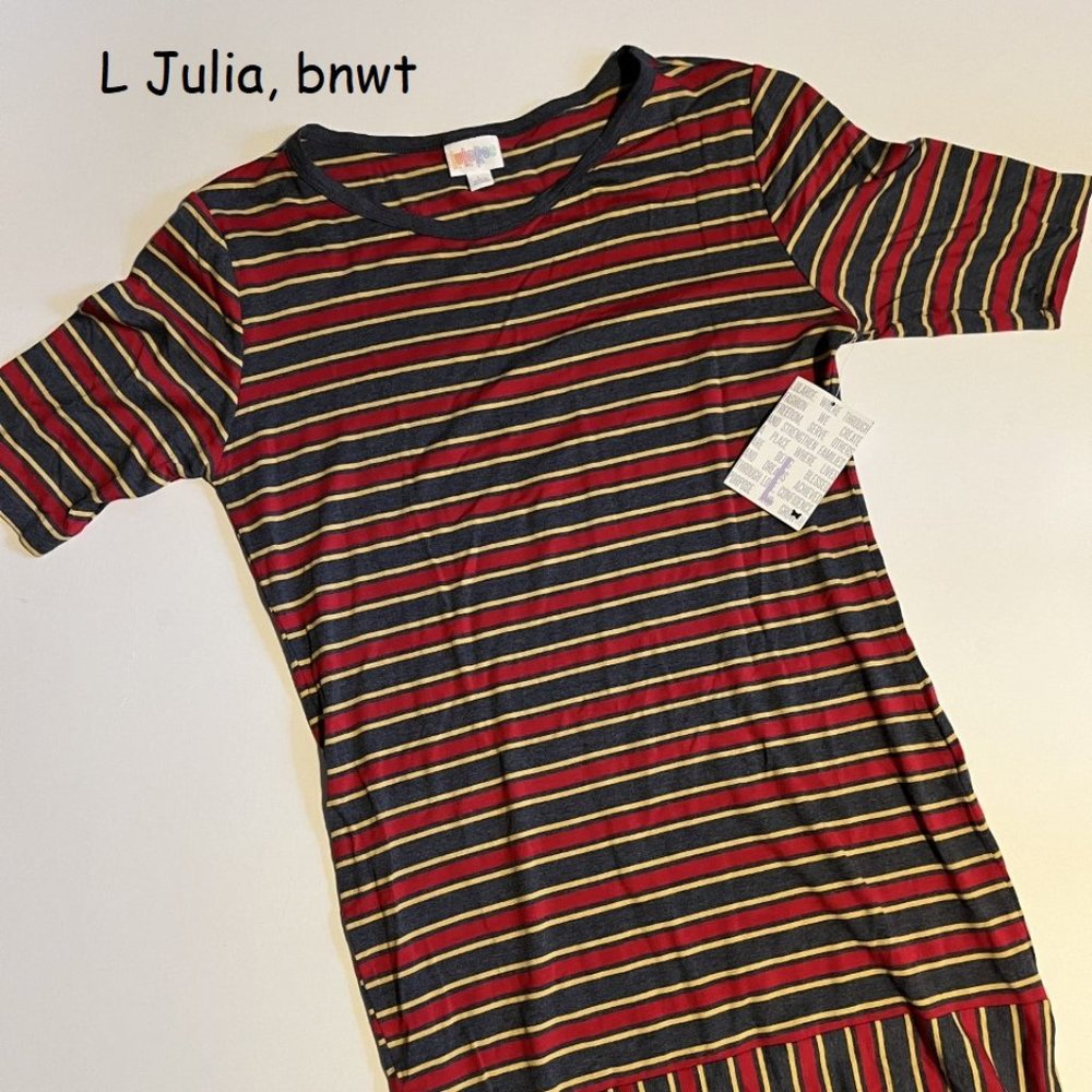 Large Lularoe Julia sheath dress, red, blue, yellow stripes